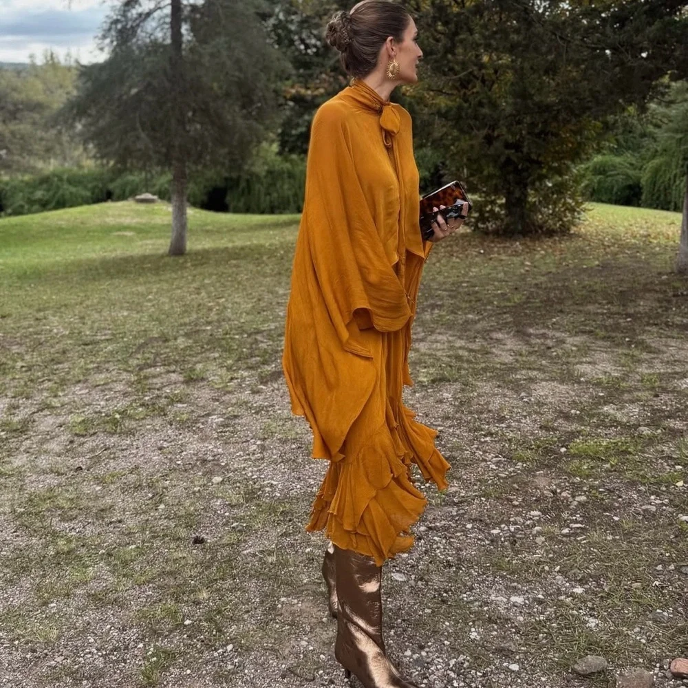 Zara dress maxi cape mustard yellow flowy kimono kaftan boho summer - Picture 2 of 11